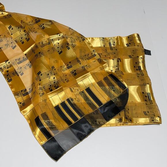 Black Gold Piano Keyboard Music Note Satin Stripe Scarf Sheer two, pair bundle - Picture 5 of 6